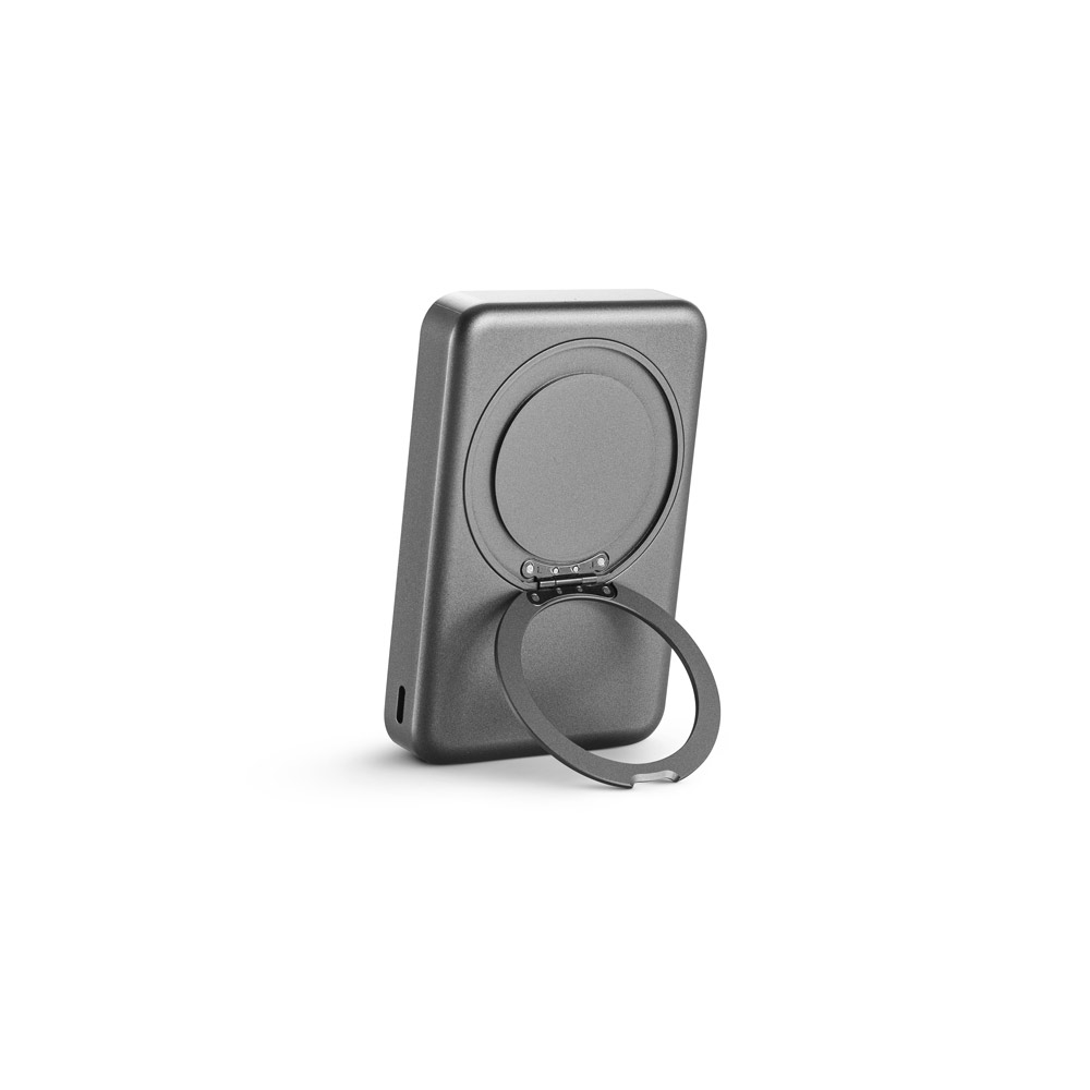 Bateria portátil magnética em ABS 100% reciclado com suporte, carregador por indução (wireless) super-rápido 15W e capacidade de 10'000 mAh