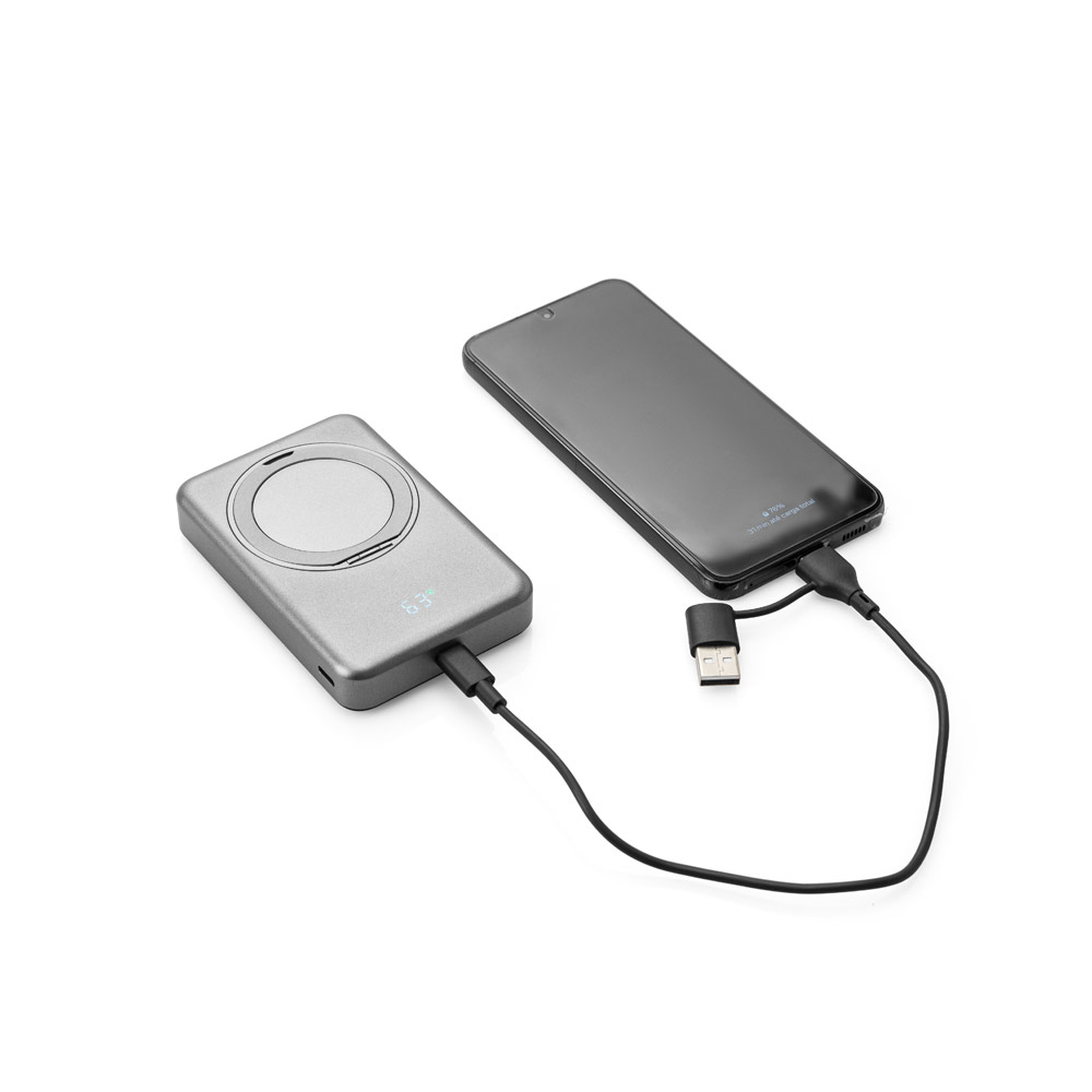 Bateria portátil magnética em ABS 100% reciclado com suporte, carregador por indução (wireless) super-rápido 15W e capacidade de 10'000 mAh