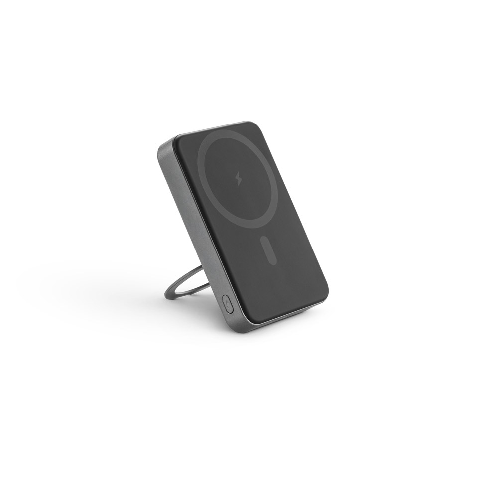 Bateria portátil magnética em ABS 100% reciclado com suporte, carregador por indução (wireless) super-rápido 15W e capacidade de 10'000 mAh