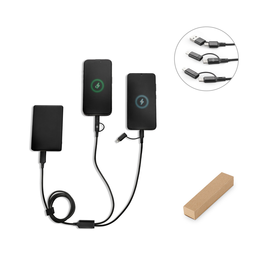 Cabo USB super-rápido 6 em 1 em alumínio 20% reciclado e PET 4% reciclado, permitindo a tranferência de dados