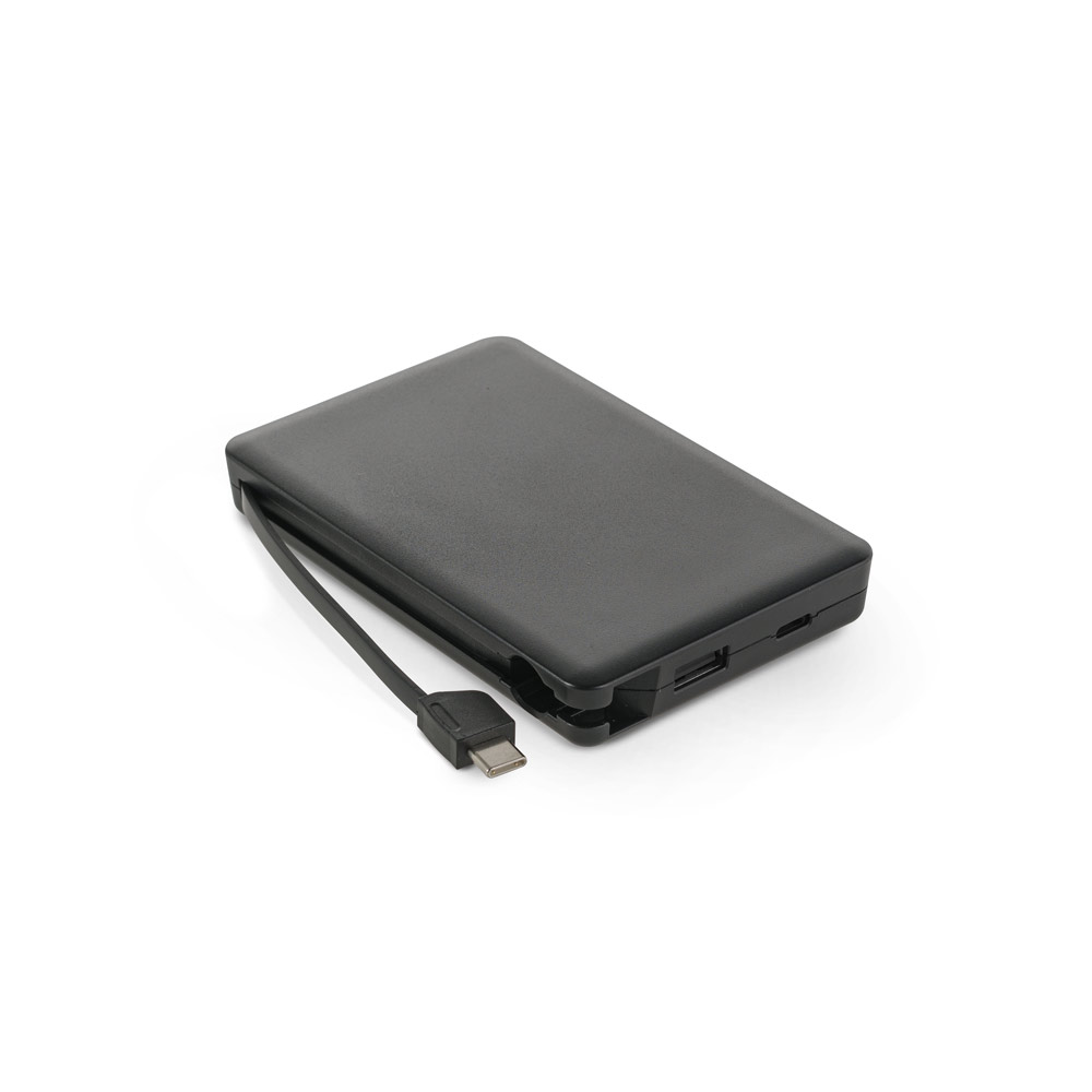 Bateria portátil em ABS 100% reciclado, com cabo integrado e capacidade de 10'000 mAh