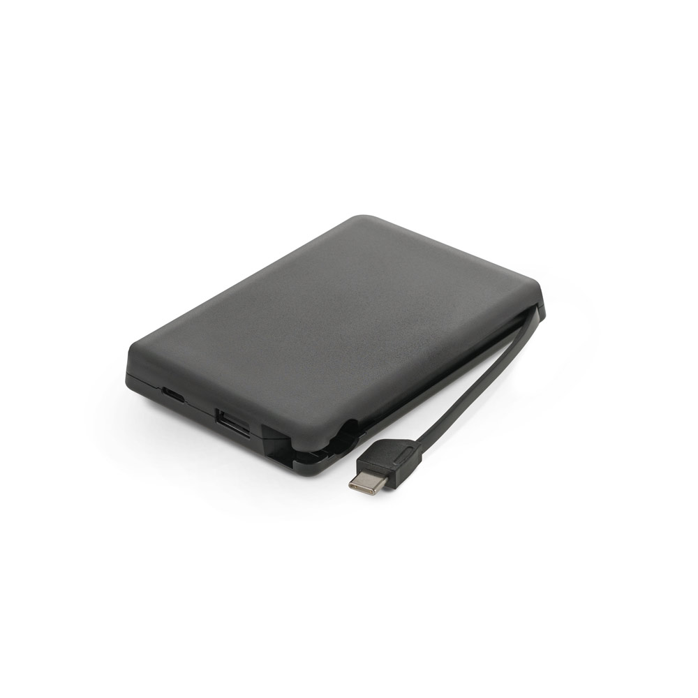 Bateria portátil em ABS 100% reciclado, com cabo integrado e capacidade de 10'000 mAh