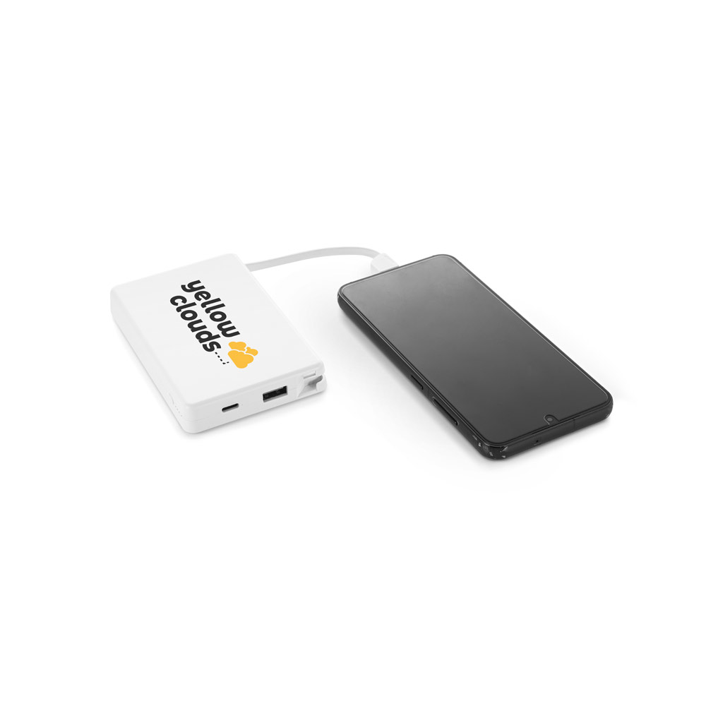 Bateria portátil em ABS 100% reciclado, com cabo integrado e capacidade de 10'000 mAh