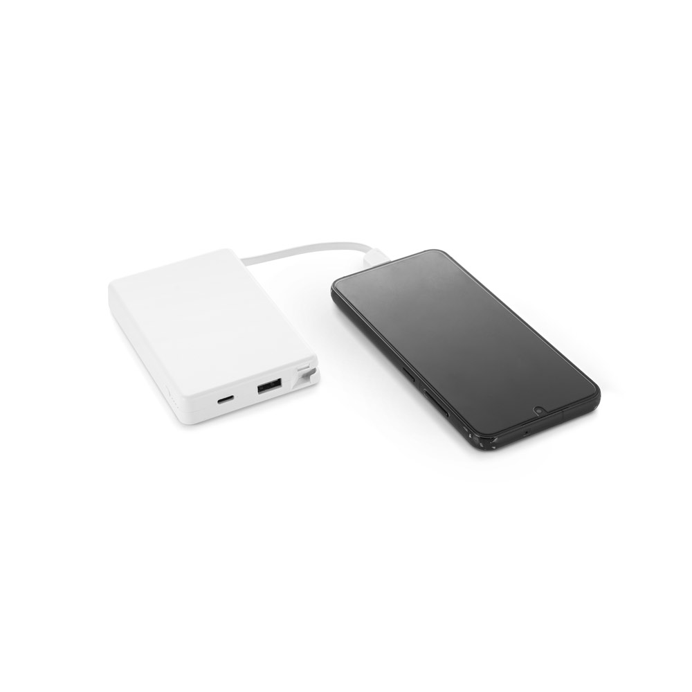 Bateria portátil em ABS 100% reciclado, com cabo integrado e capacidade de 10'000 mAh