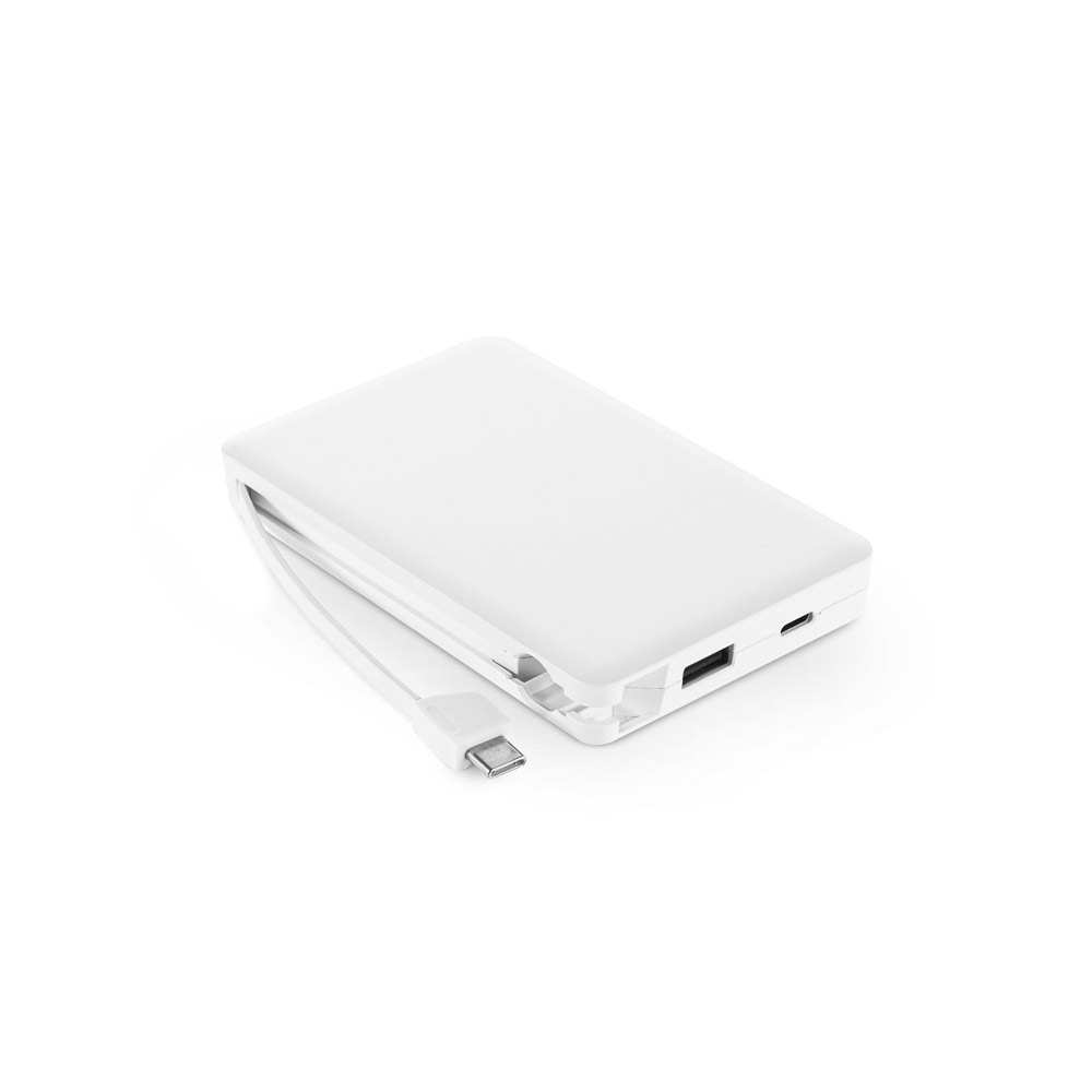 Bateria portátil em ABS 100% reciclado, com cabo integrado e capacidade de 10'000 mAh