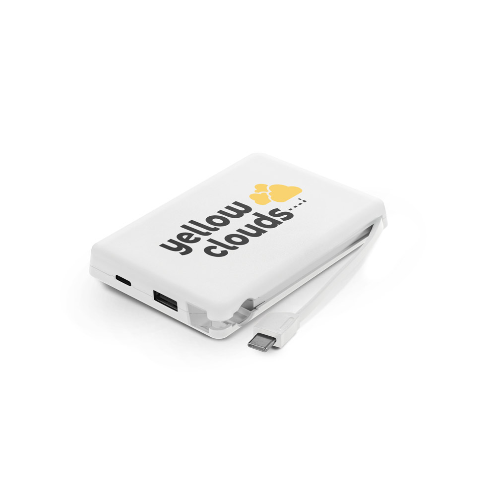 Bateria portátil em ABS 100% reciclado, com cabo integrado e capacidade de 10'000 mAh