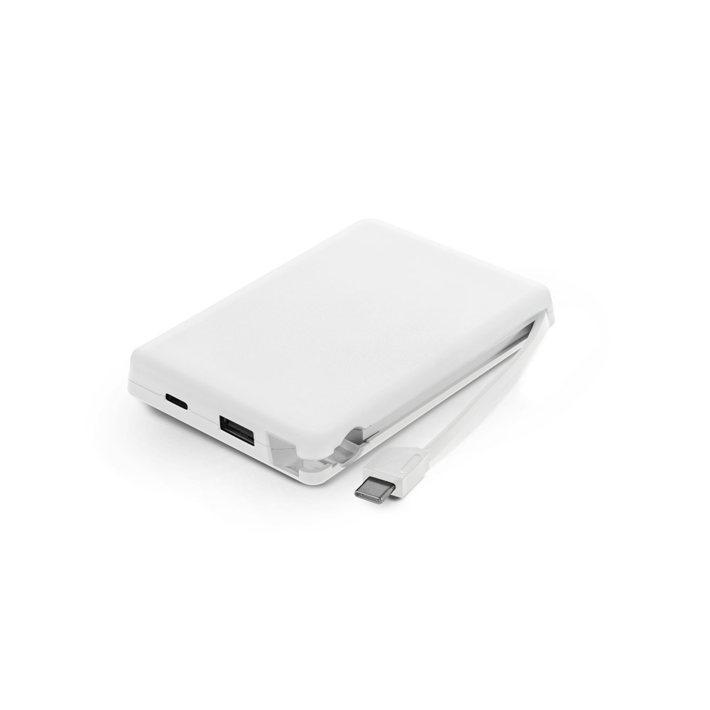 Bateria portátil em ABS 100% reciclado, com cabo integrado e capacidade de 10'000 mAh