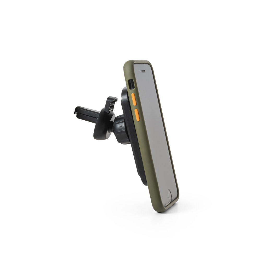 Carregador magnético por indução super-rápido (wireless) com a funcionalidade de suporte para carro, em ABS 60% reciclado e silicone