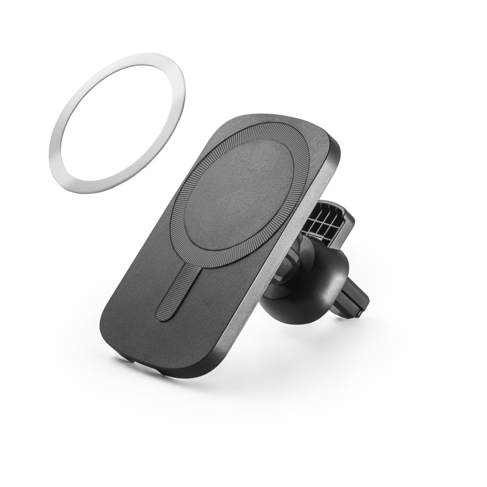 Carregador magnético por indução super-rápido (wireless) com a funcionalidade de suporte para carro, em ABS 60% reciclado e silicone