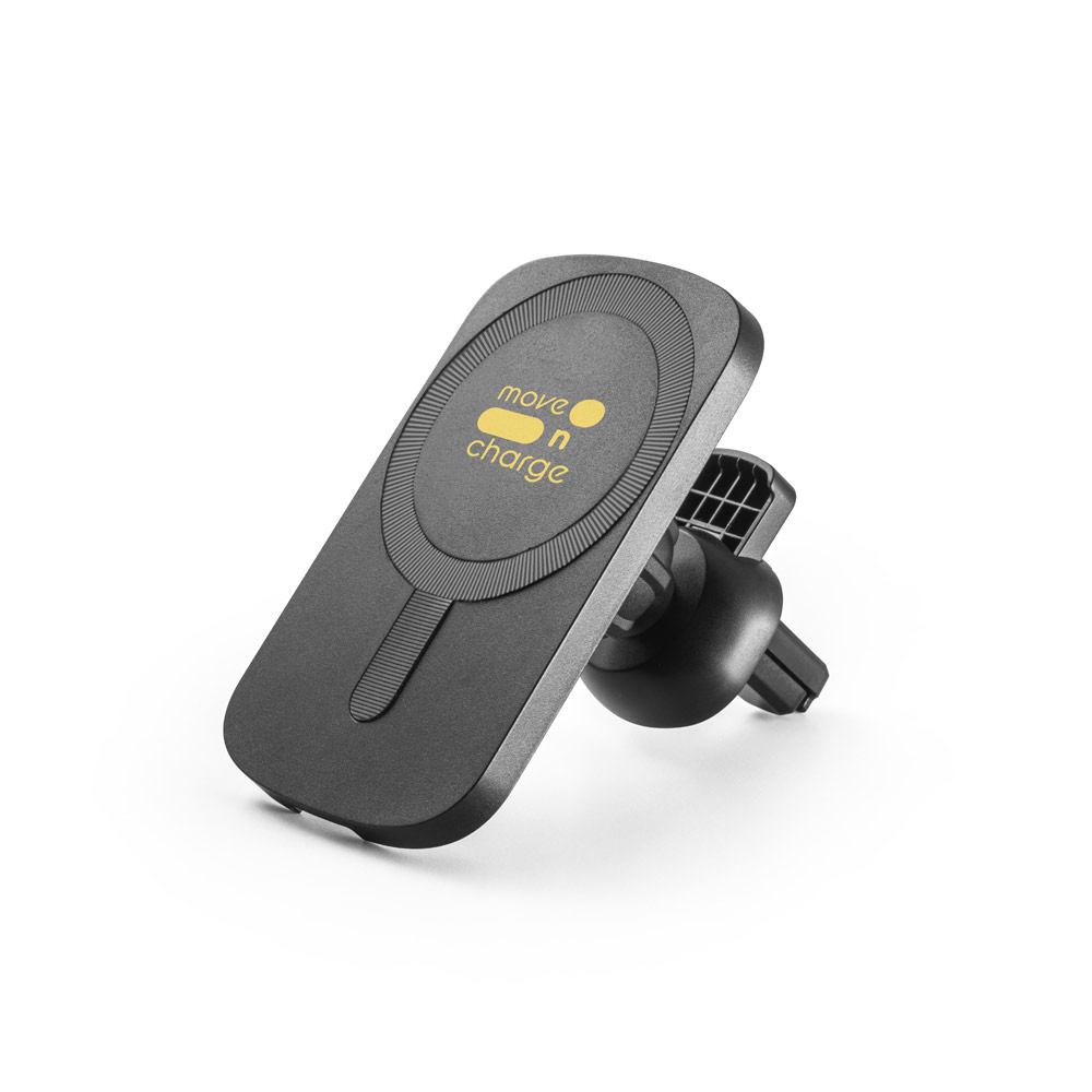 Carregador magnético por indução super-rápido (wireless) com a funcionalidade de suporte para carro, em ABS 60% reciclado e silicone
