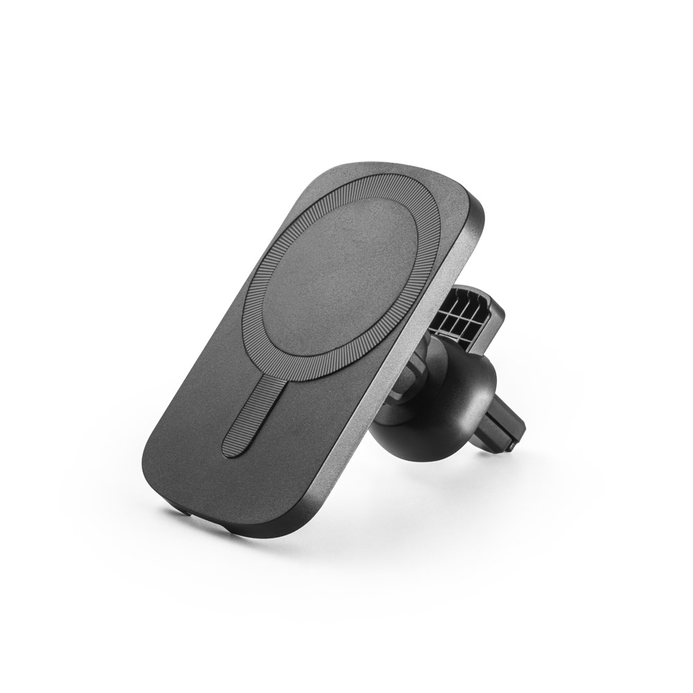 Carregador magnético por indução super-rápido (wireless) com a funcionalidade de suporte para carro, em ABS 60% reciclado e silicone