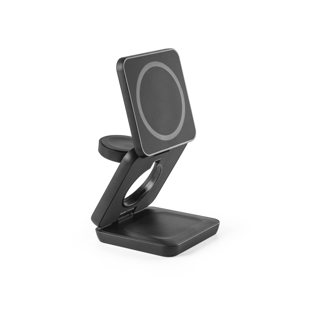 Carregador magnético por indução (wireless) super-rápido dobrável em ABS 100% reciclado que permite carregar três dispositivos simultaneamente