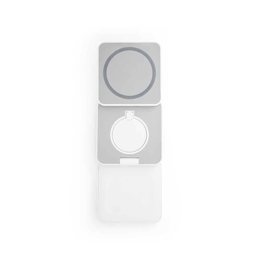 Carregador magnético por indução (wireless) super-rápido dobrável em ABS 100% reciclado que permite carregar três dispositivos simultaneamente