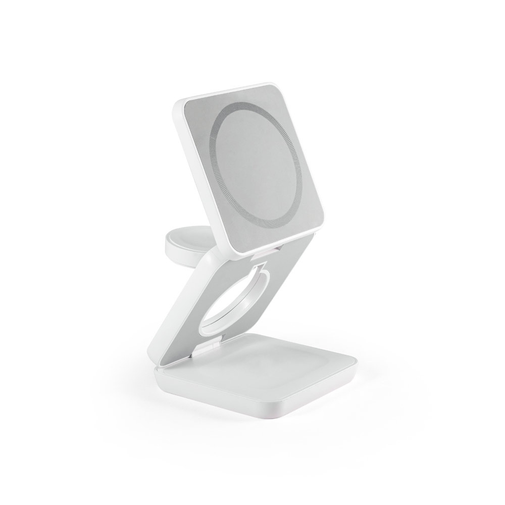 Carregador magnético por indução (wireless) super-rápido dobrável em ABS 100% reciclado que permite carregar três dispositivos simultaneamente