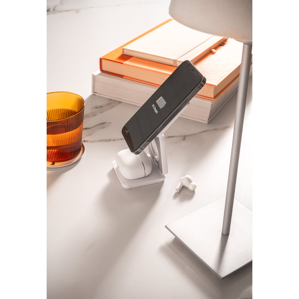 Carregador magnético por indução (wireless) super-rápido dobrável em ABS 100% reciclado que permite carregar três dispositivos simultaneamente