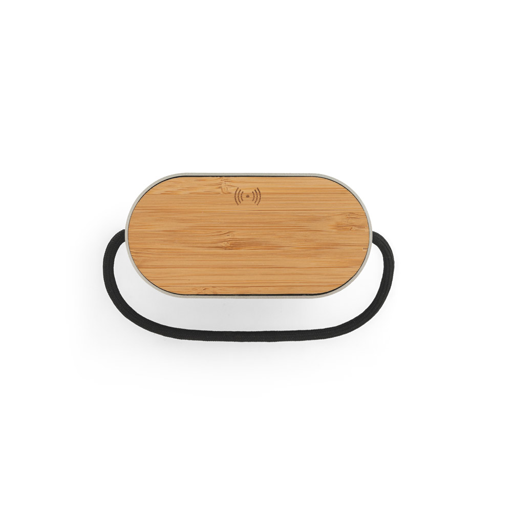 Caixa de som de 15W com carregador wireless super-rápido 15W e 2h de autonomia em bambu e PET 100% reciclado