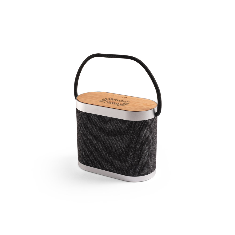 Caixa de som de 15W com carregador wireless super-rápido 15W e 2h de autonomia em bambu e PET 100% reciclado