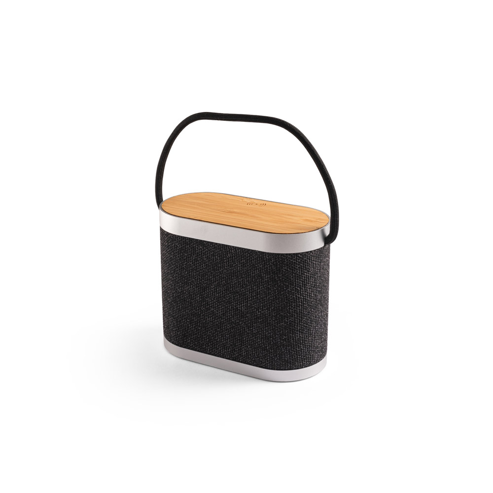 Caixa de som de 15W com carregador wireless super-rápido 15W e 2h de autonomia em bambu e PET 100% reciclado