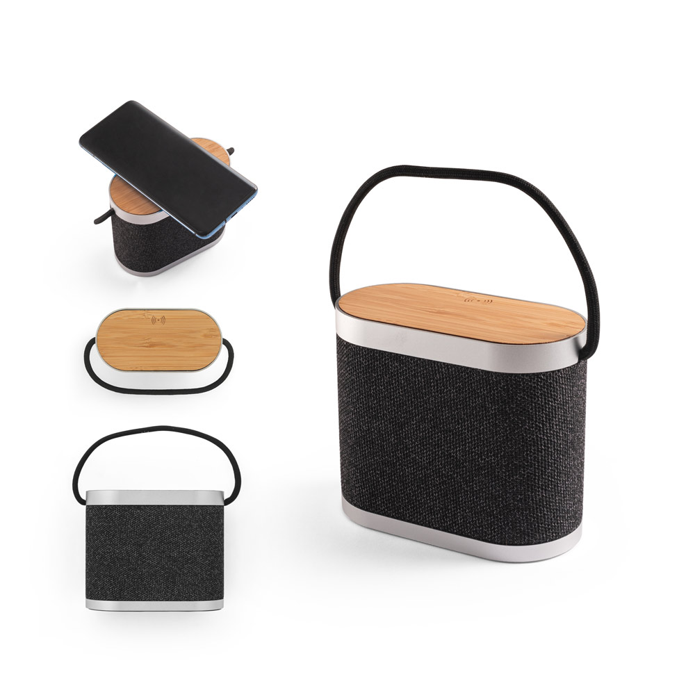 Caixa de som de 15W com carregador wireless super-rápido 15W e 2h de autonomia em bambu e PET 100% reciclado