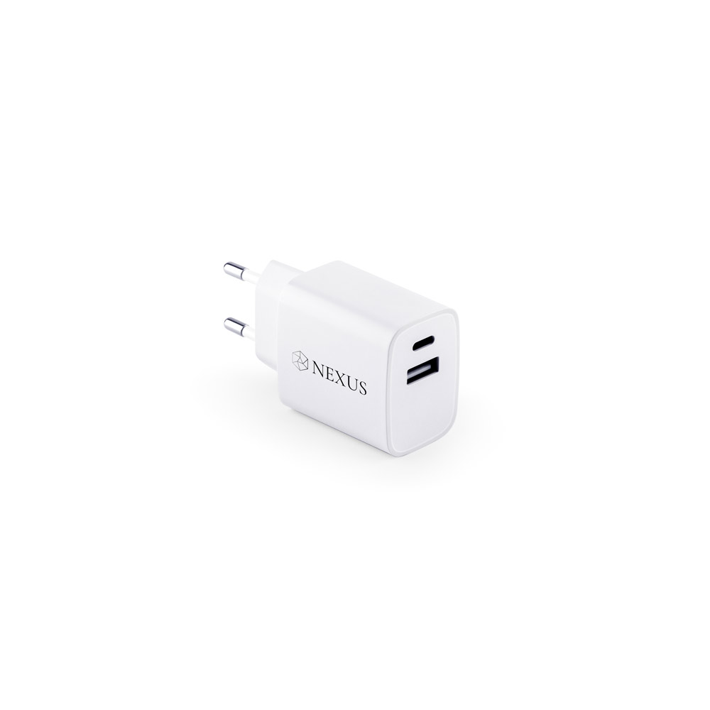 Adaptador de corrente com porta USB-A 18W e USB-C 20W em ABS 100% reciclado