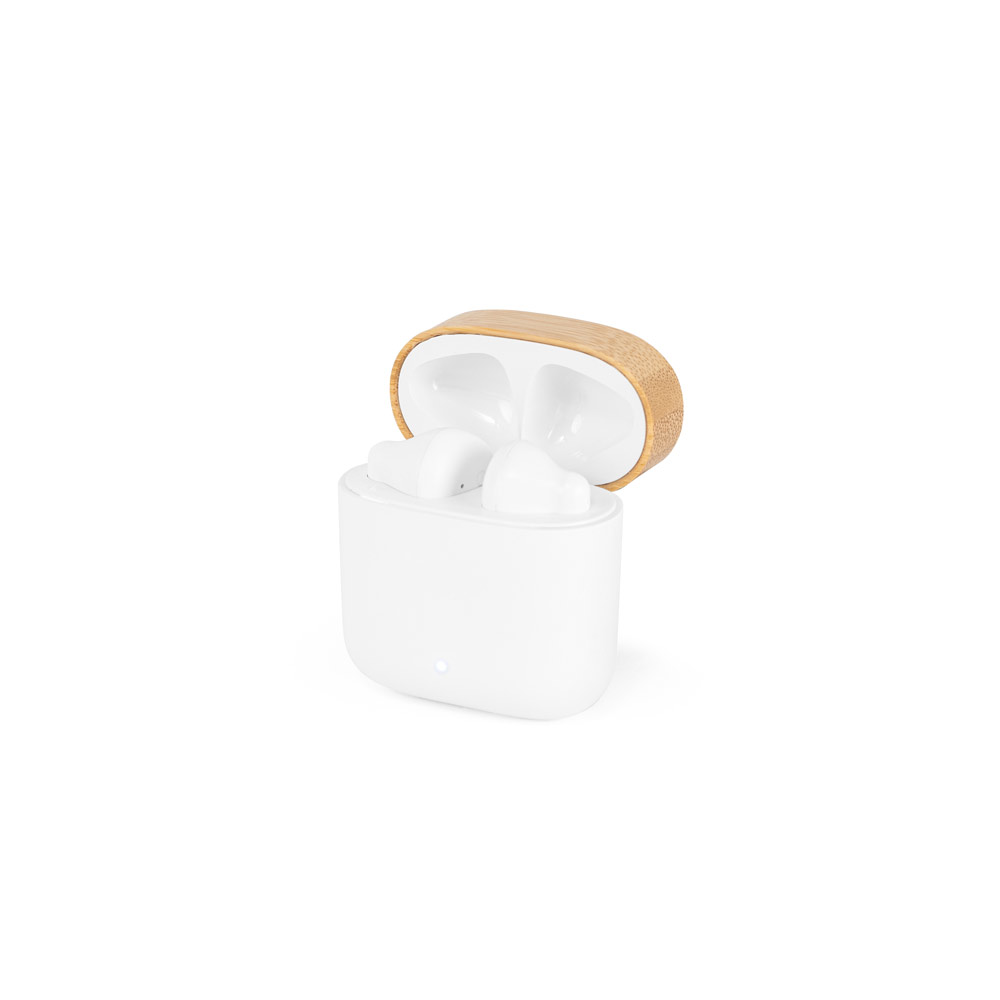 Fones de ouvido wireless em ABS 100% reciclado e bambu com autonomia de 5h
