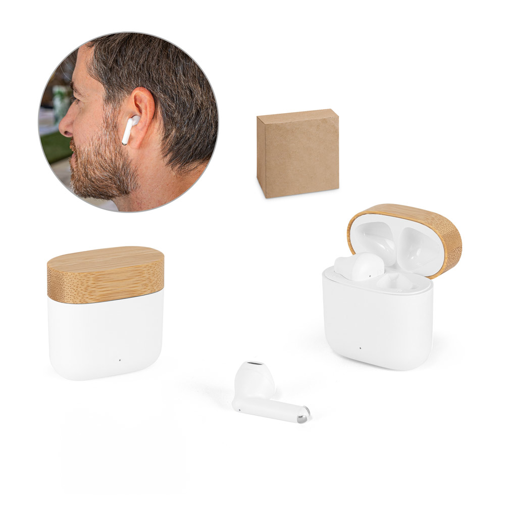 Fones de ouvido wireless em ABS 100% reciclado e bambu com autonomia de 5h