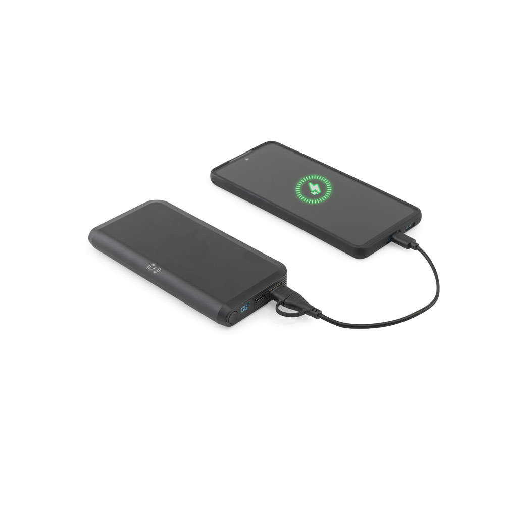 Bateria portátil com carregador por indução super-rápido (10'000 mAh), em ABS 100% reciclado