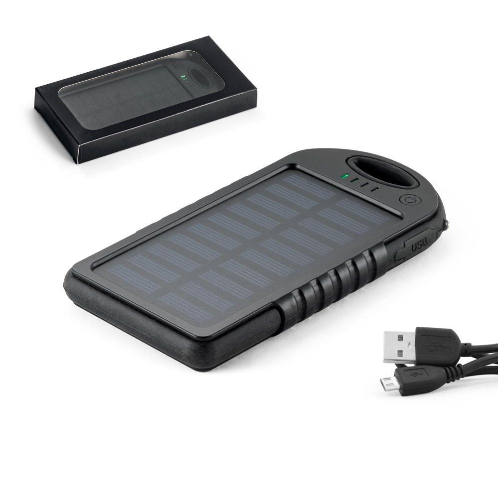 Bateria portátil solar com painel solar e LED em ABS (2'000 mAh)