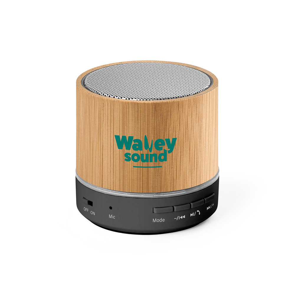 Caixa de som portátil em bambu e ABS 100% reciclado com microfone e autonomia de 4h30