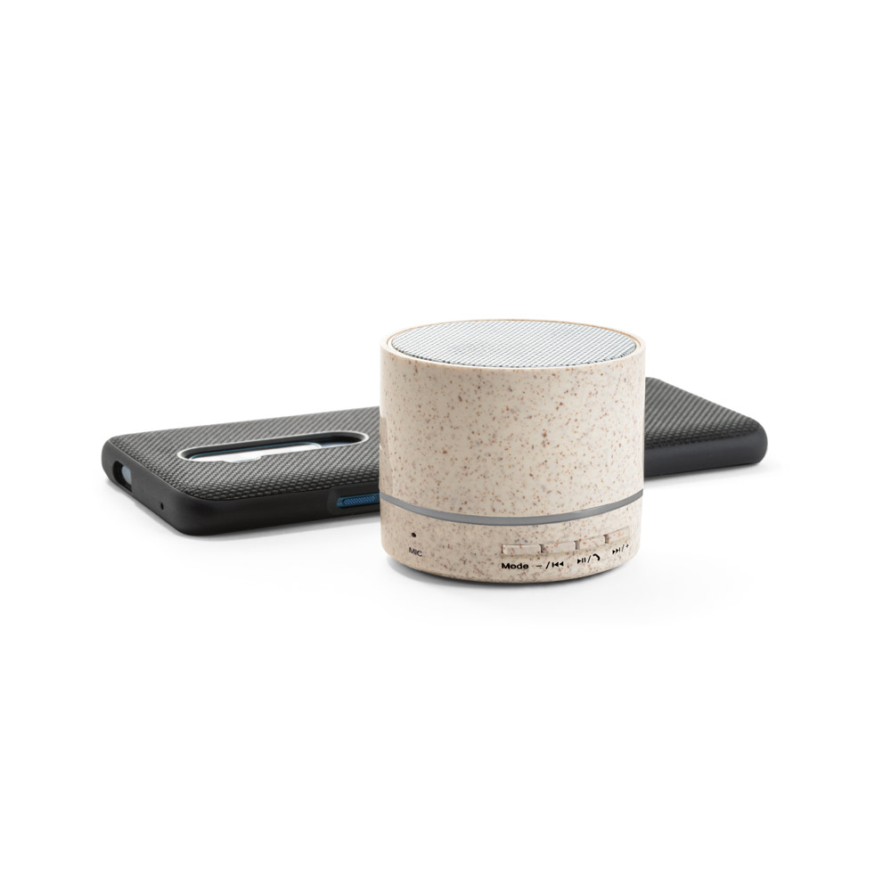 Caixa de som portátil com microfone e autonomia de 4h30 (400 mAh), em fibra de palha de trigo e ABS 100% reciclado