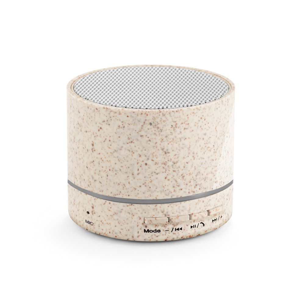 Caixa de som portátil com microfone e autonomia de 4h30 (400 mAh), em fibra de palha de trigo e ABS 100% reciclado