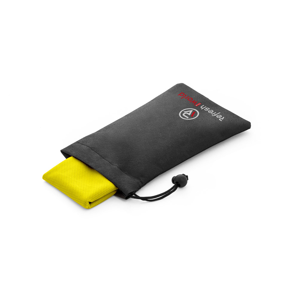Toalha esportiva refrescante em poliéster 100% reciclado com bolsa em non-woven